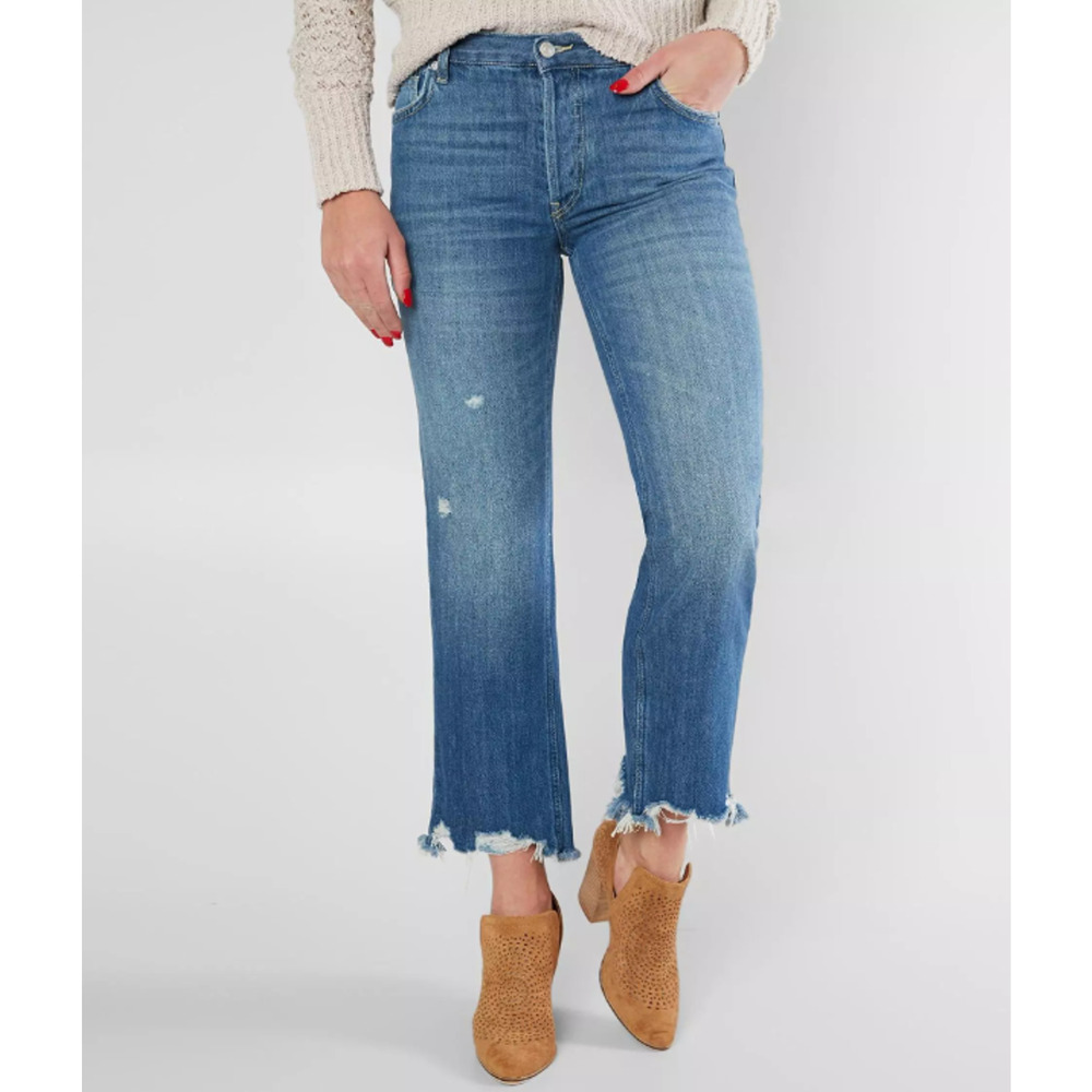 WE THE FREE Jeans 31 Maggie Straight Leg Denim Frayed Hem Cotton Sequoia Blue